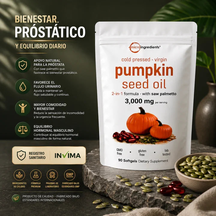 Aceite de Semilla de Calabaza 3000 mg + Saw Palmetto Apoya tu Salud Prostática y fortalece tu cabello desde hoy