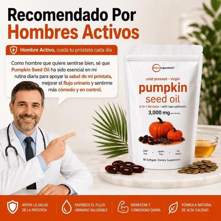 Aceite de Semilla de Calabaza 3000 mg + Saw Palmetto Apoya tu Salud Prostática y fortalece tu cabello desde hoy