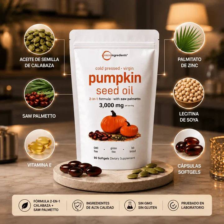 Aceite de Semilla de Calabaza 3000 mg + Saw Palmetto Apoya tu Salud Prostática y fortalece tu cabello desde hoy